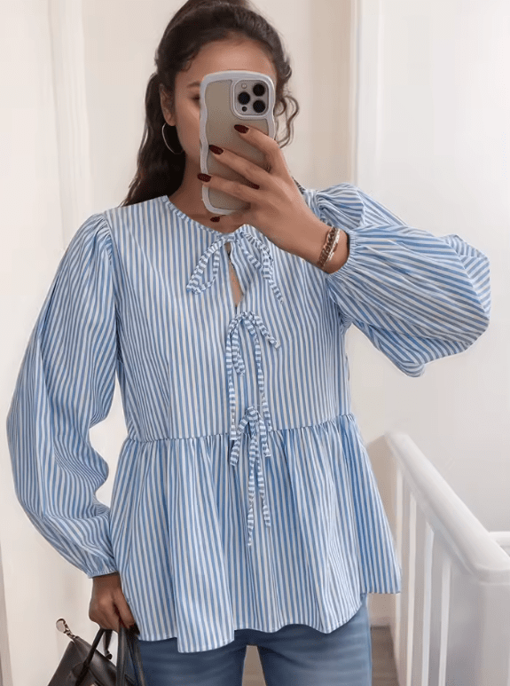 Chic Hollow Plaid Bow Shirt for Women – Long Sleeve European-Style Top for Spring/Summer