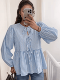Chic Hollow Plaid Bow Shirt for Women – Long Sleeve European-Style Top for Spring/Summer