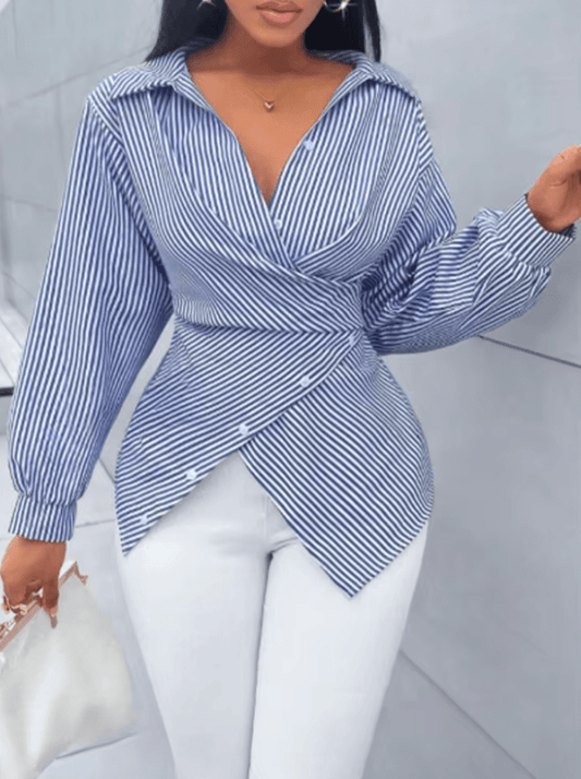 Women’s Striped V-Neck Long Sleeve T-Shirt – Lace Trim Button-Up Top | Versatile Daily Urban Spring Style