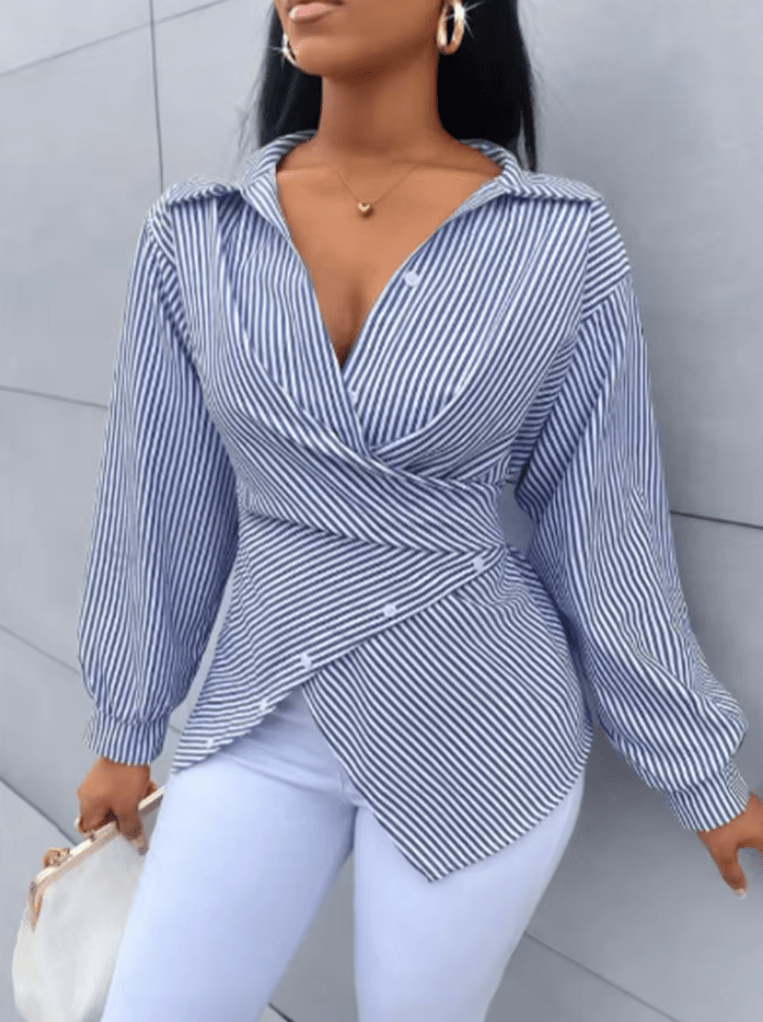 Women’s Striped V-Neck Long Sleeve T-Shirt – Lace Trim Button-Up Top | Versatile Daily Urban Spring Style