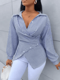 Women’s Striped V-Neck Long Sleeve T-Shirt – Lace Trim Button-Up Top | Versatile Daily Urban Spring Style