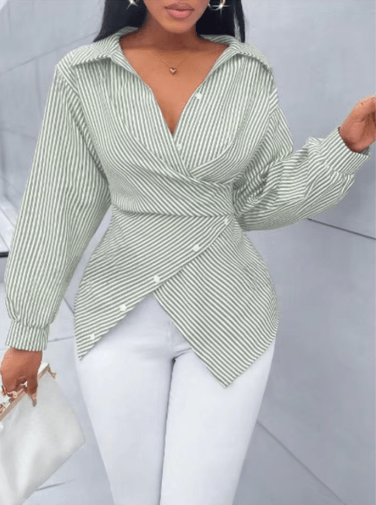 Women’s Striped V-Neck Long Sleeve T-Shirt – Lace Trim Button-Up Top | Versatile Daily Urban Spring Style