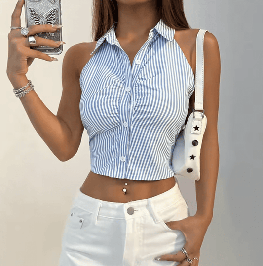 Women’s Summer Striped Cropped Shirt – Sleeveless Collared Top | Casual & Party Fashion Blouse