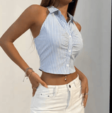 Women’s Summer Striped Cropped Shirt – Sleeveless Collared Top | Casual & Party Fashion Blouse