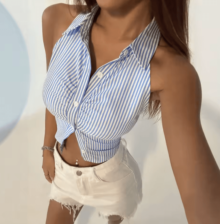 Women’s Summer Striped Cropped Shirt – Sleeveless Collared Top | Casual & Party Fashion Blouse