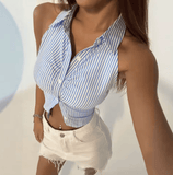 Women’s Summer Striped Cropped Shirt – Sleeveless Collared Top | Casual & Party Fashion Blouse