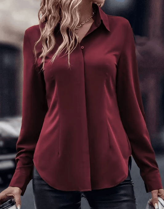 Women’s Solid Color Woven Shirt – Casual Polyester Blouse with Lapel Collar & Invisible Buttons