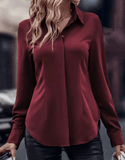 Women’s Solid Color Woven Shirt – Casual Polyester Blouse with Lapel Collar & Invisible Buttons