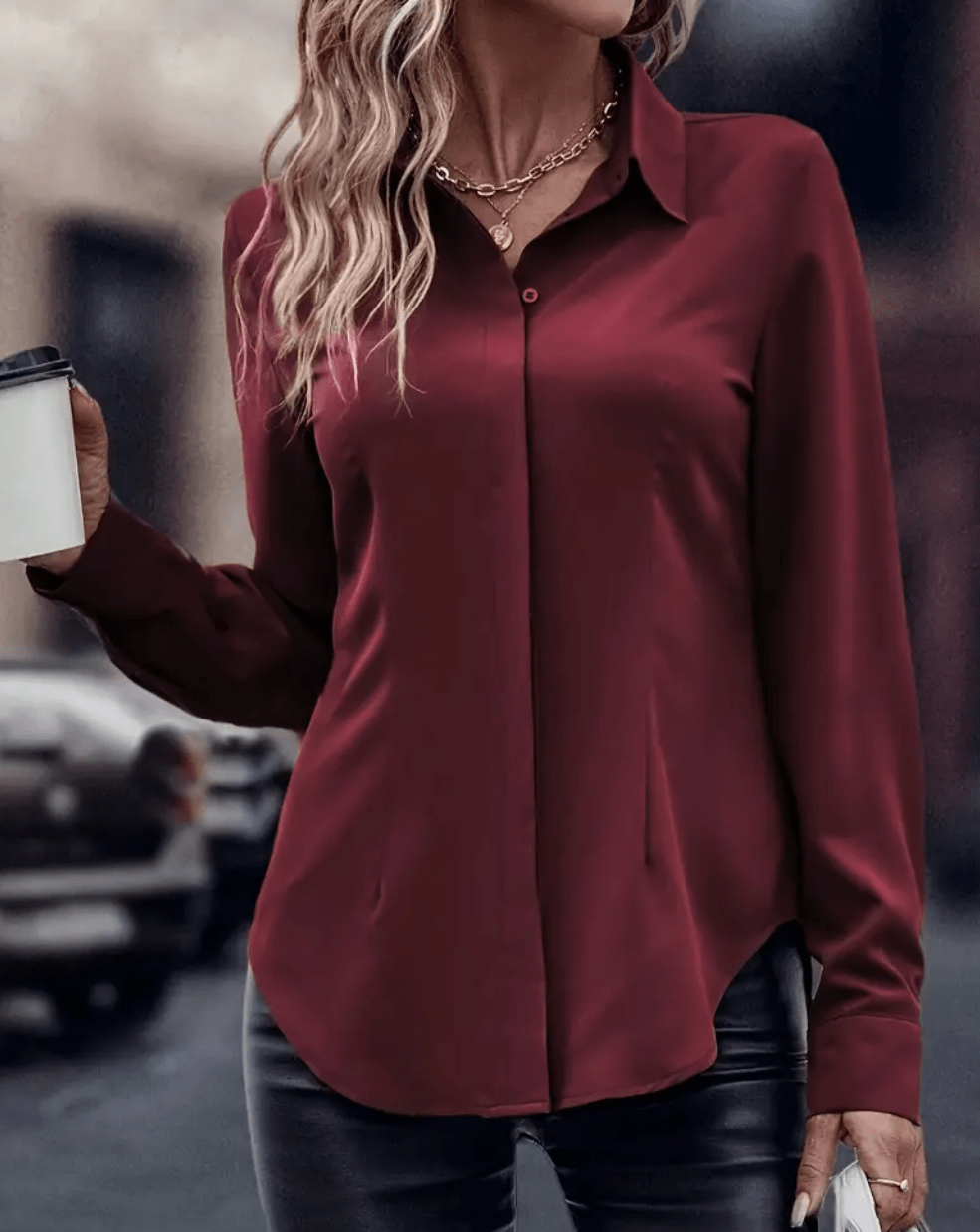 Women’s Solid Color Woven Shirt – Casual Polyester Blouse with Lapel Collar & Invisible Buttons