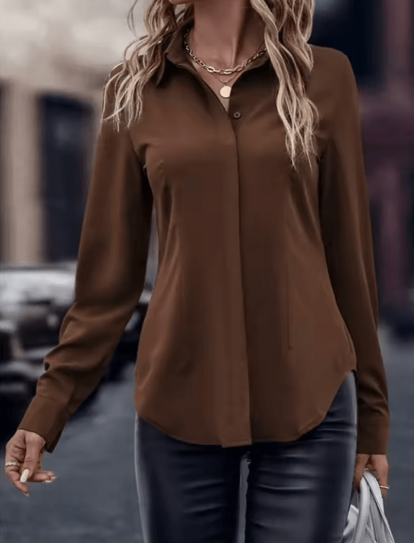 Women’s Solid Color Woven Shirt – Casual Polyester Blouse with Lapel Collar & Invisible Buttons