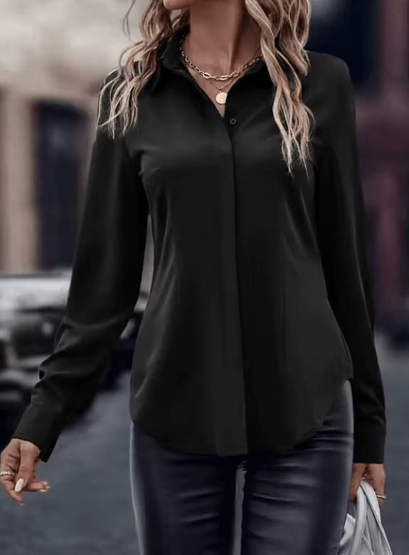 Women’s Solid Color Woven Shirt – Casual Polyester Blouse with Lapel Collar & Invisible Buttons