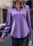 Women’s Solid Color Woven Shirt – Casual Polyester Blouse with Lapel Collar & Invisible Buttons