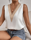 Women’s Sleeveless V-Neck Lace Patchwork Blouse – Loose Fit Hollow-Out Summer Tank Top | Casual Streetwear Tee