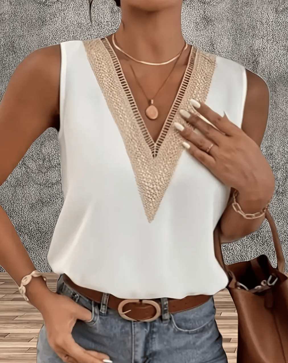 Women’s Sleeveless V-Neck Lace Patchwork Blouse – Loose Fit Hollow-Out Summer Tank Top | Casual Streetwear Tee