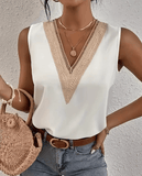 Women’s Sleeveless V-Neck Lace Patchwork Blouse – Loose Fit Hollow-Out Summer Tank Top | Casual Streetwear Tee