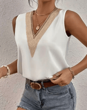 Women’s Sleeveless V-Neck Lace Patchwork Blouse – Loose Fit Hollow-Out Summer Tank Top | Casual Streetwear Tee