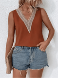 Women’s Sleeveless V-Neck Lace Patchwork Blouse – Loose Fit Hollow-Out Summer Tank Top | Casual Streetwear Tee