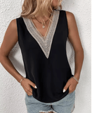 Women’s Sleeveless V-Neck Lace Patchwork Blouse – Loose Fit Hollow-Out Summer Tank Top | Casual Streetwear Tee