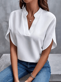Summer Elegant Women’s Blouse – V-Neck Short Sleeve Solid Color Loose Shirt | Casual & Office White Top