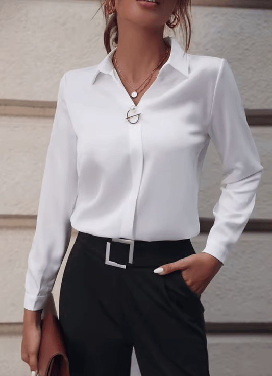 Women’s Spring Summer Office Blouse – Long Sleeve Turn-Down Collar Solid Color Shirt | OL Style