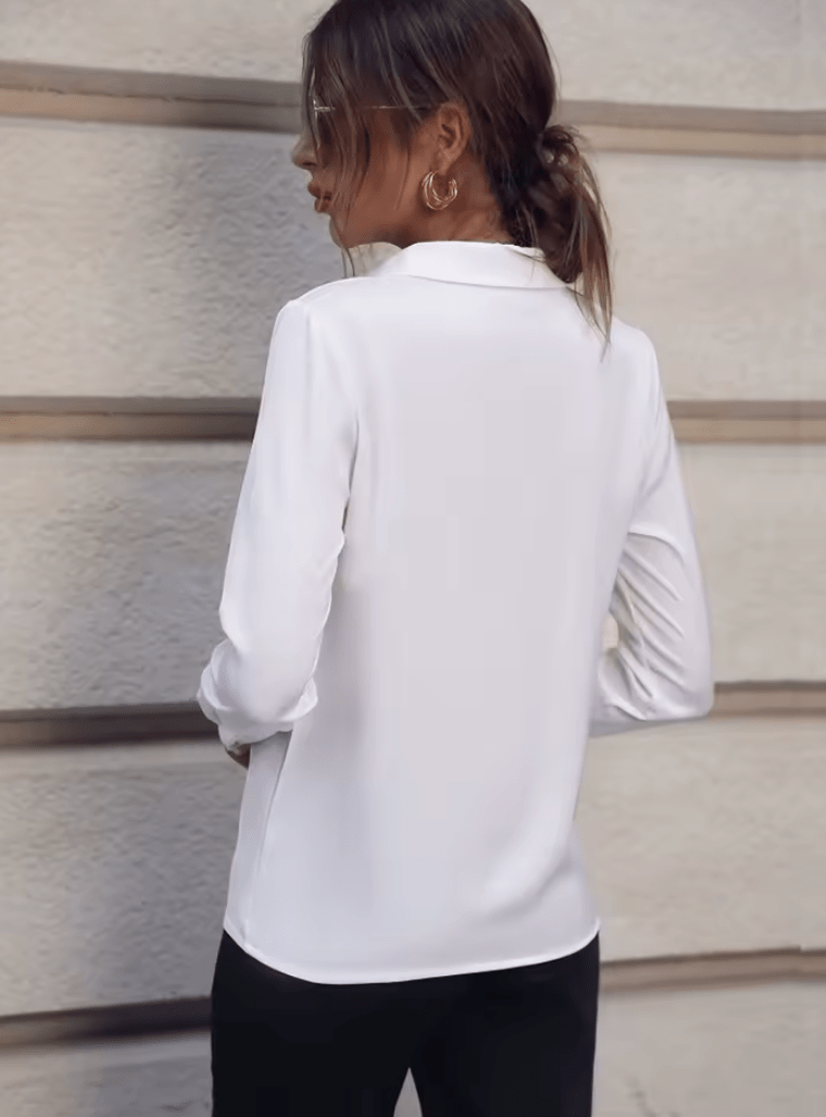 Women’s Spring Summer Office Blouse – Long Sleeve Turn-Down Collar Solid Color Shirt | OL Style