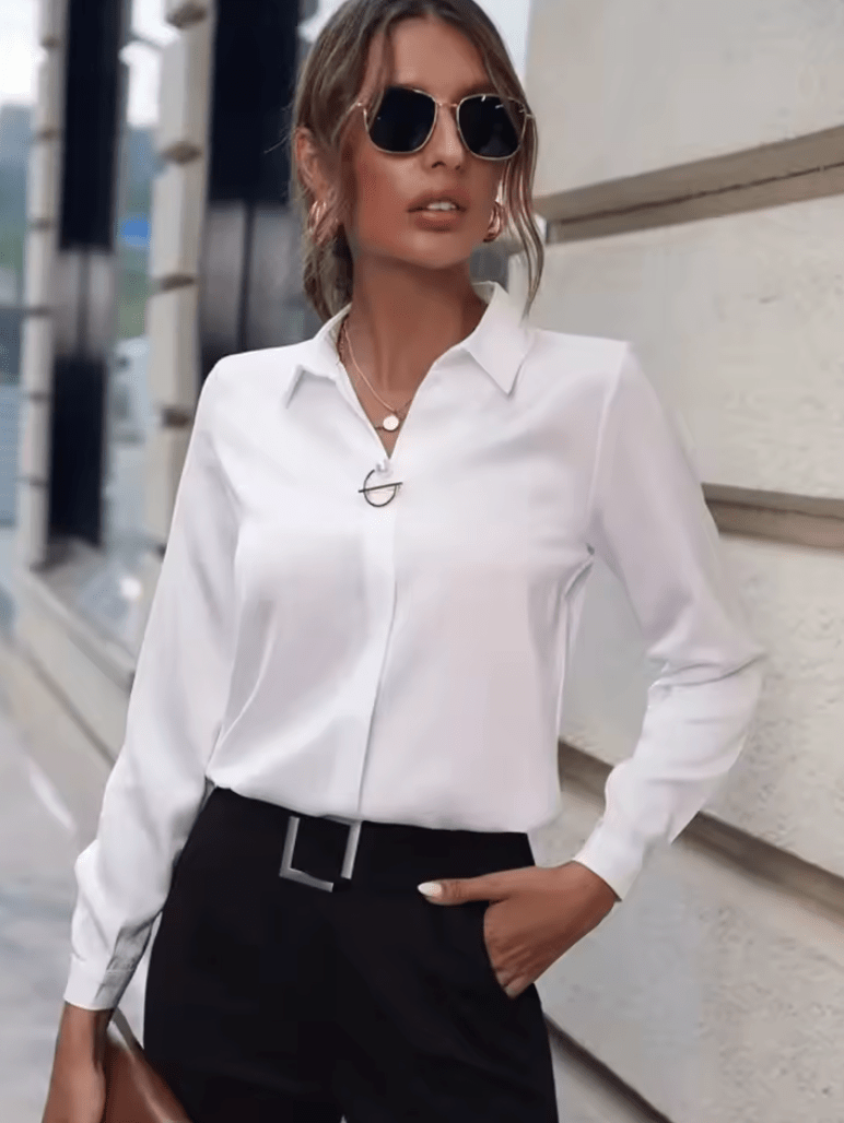 Women’s Spring Summer Office Blouse – Long Sleeve Turn-Down Collar Solid Color Shirt | OL Style