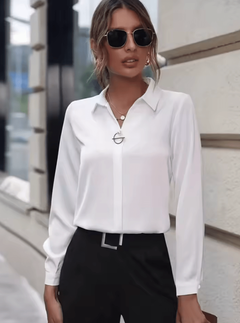 Women’s Spring Summer Office Blouse – Long Sleeve Turn-Down Collar Solid Color Shirt | OL Style