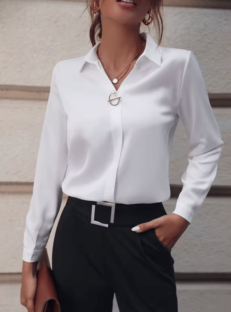 Women’s Spring Summer Office Blouse – Long Sleeve Turn-Down Collar Solid Color Shirt | OL Style