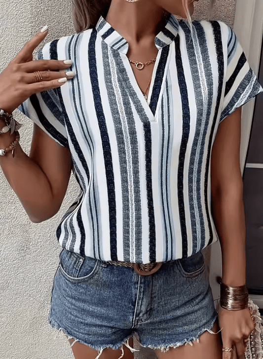 2025 Women's Stripe Design Top Blouses Shirts Spring Summer Casual Print V-neck Short Sleeve Shirt T-shirt Women Streetwear Tops