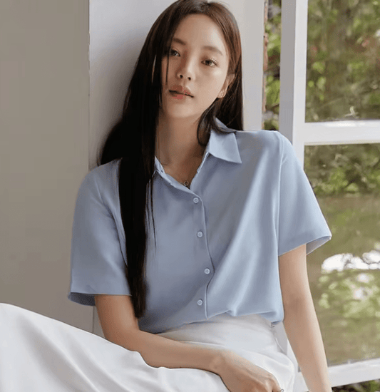 Women’s Summer Slim Fit Shirt – French Style Solid Color Blouse – Lightweight Office OL Top – Elegant Commuting Workwear