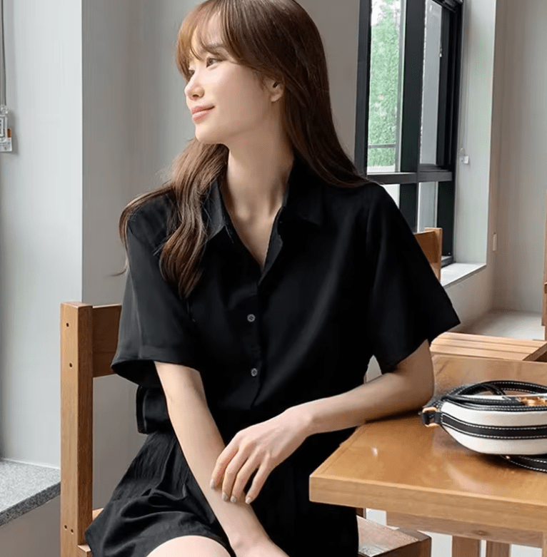 Women’s Summer Slim Fit Shirt – French Style Solid Color Blouse – Lightweight Office OL Top – Elegant Commuting Workwear