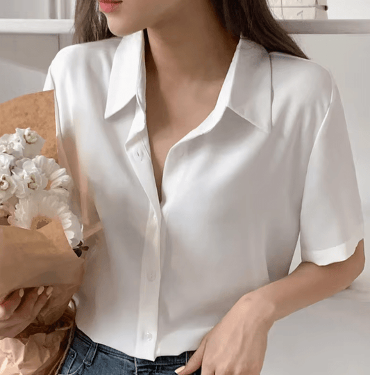 Women’s Summer Slim Fit Shirt – French Style Solid Color Blouse – Lightweight Office OL Top – Elegant Commuting Workwear