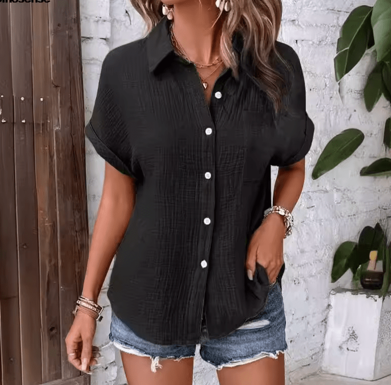 Women’s Short Sleeve V-Neck Collared Shirt – Button Down Cotton Blouse with Pockets – Casual Work Office Top for Daily Wear