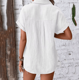 Women’s Short Sleeve V-Neck Collared Shirt – Button Down Cotton Blouse with Pockets – Casual Work Office Top for Daily Wear