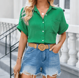 Women’s Short Sleeve V-Neck Collared Shirt – Button Down Cotton Blouse with Pockets – Casual Work Office Top for Daily Wear