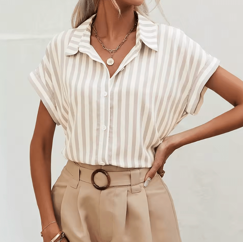 Women’s Striped Batwing Sleeve Shirt – Spring Summer Casual Button Down Blouse – Lightweight Daily Wear with Shirt Collar