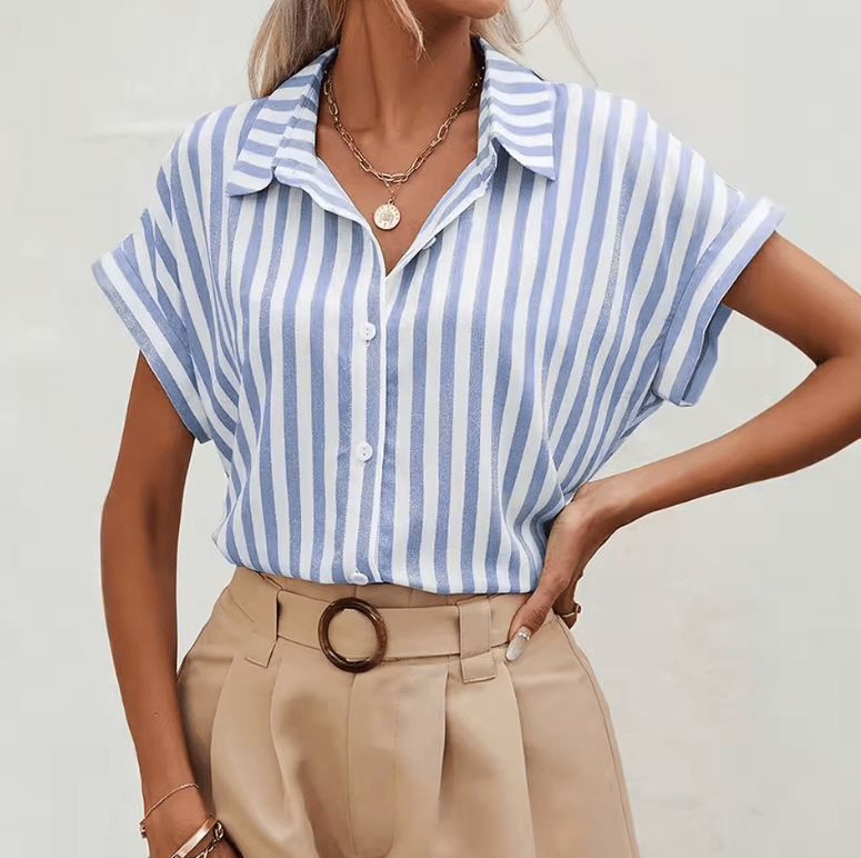 Women’s Striped Batwing Sleeve Shirt – Spring Summer Casual Button Down Blouse – Lightweight Daily Wear with Shirt Collar