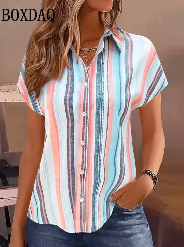 2025 Women’s Colorful Striped Shirt – Trendy Summer Single Breasted Blouse – Casual 3D Printed Fashion Streetwear Tops