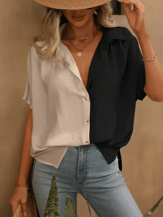 Women’s Summer Color Block Cardigan Blouse – Short Sleeve Lapel Shirt – Casual Lightweight Commuting Top for Work or Daily Wear