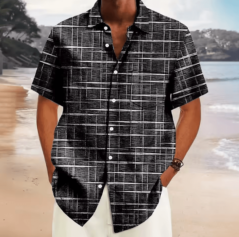 Men’s Hawaiian Designer Shirt – 3D Plaid Stripe Pattern – Casual Short Sleeve Lapel Shirt – Summer Fashion Top in 3 Colors