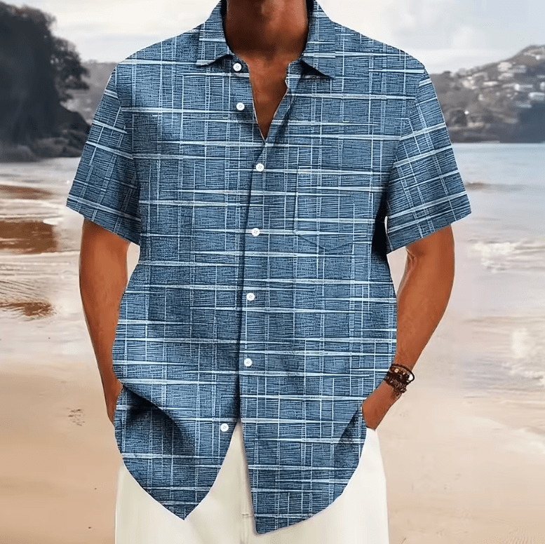 Men’s Hawaiian Designer Shirt – 3D Plaid Stripe Pattern – Casual Short Sleeve Lapel Shirt – Summer Fashion Top in 3 Colors