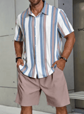 Men’s Summer 2-Piece Outfit – 3D Stripe Print Quick-Dry Shirt & Drawstring Shorts Set – Casual Beach Vacation Suit