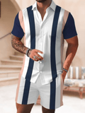 Men’s Summer 2-Piece Outfit – 3D Stripe Print Quick-Dry Shirt & Drawstring Shorts Set – Casual Beach Vacation Suit