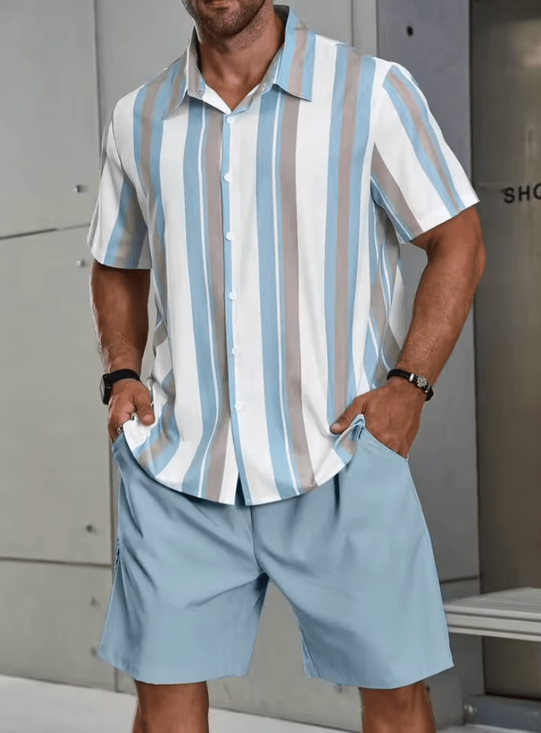 Men’s Summer 2-Piece Outfit – 3D Stripe Print Quick-Dry Shirt & Drawstring Shorts Set – Casual Beach Vacation Suit