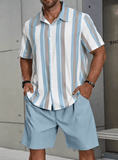 Men’s Summer 2-Piece Outfit – 3D Stripe Print Quick-Dry Shirt & Drawstring Shorts Set – Casual Beach Vacation Suit