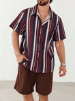 Men’s Summer 2-Piece Outfit – 3D Stripe Print Quick-Dry Shirt & Drawstring Shorts Set – Casual Beach Vacation Suit