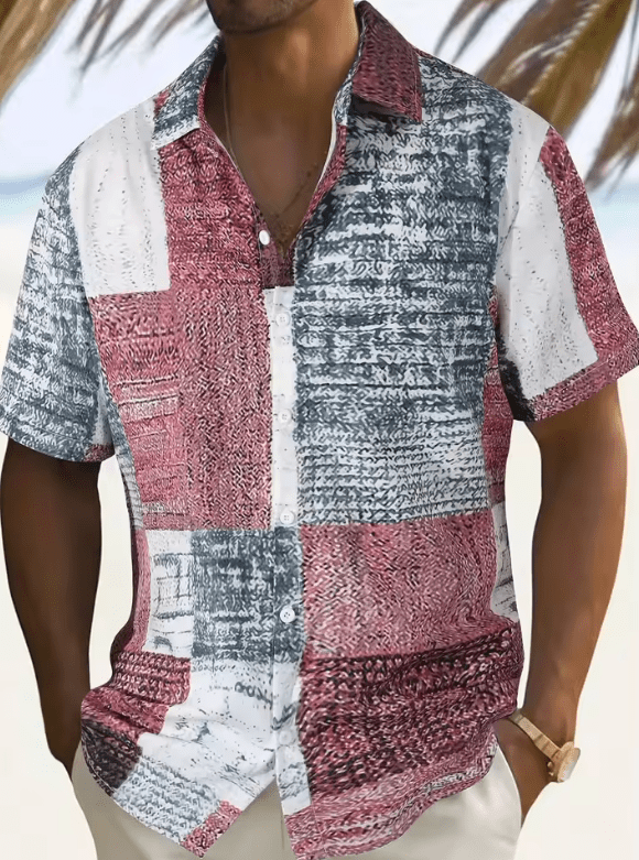 Men’s Casual Patchwork Print Short Sleeve Shirt – Comfortable Cotton Button-Up with Floral Pattern for Spring & Autumn