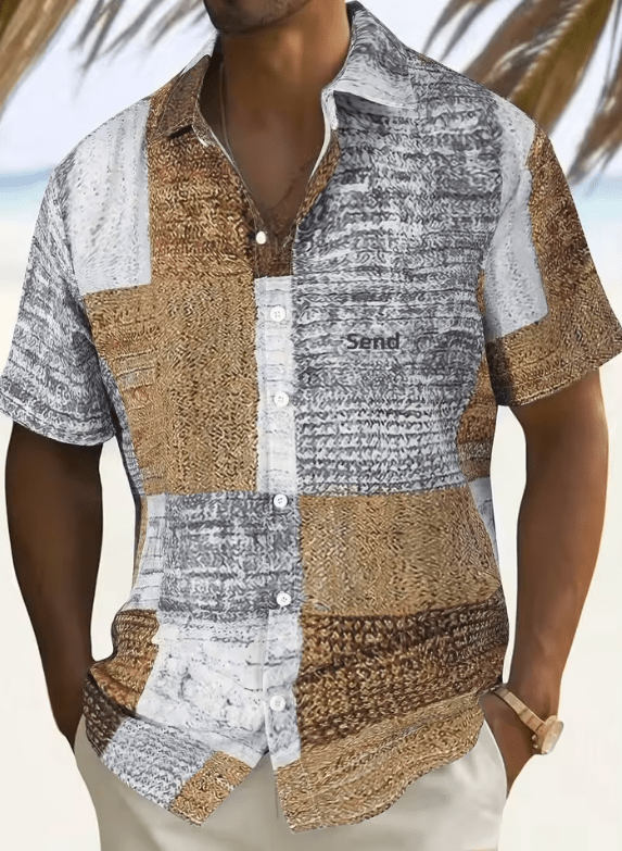Men’s Casual Patchwork Print Short Sleeve Shirt – Comfortable Cotton Button-Up with Floral Pattern for Spring & Autumn