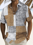 Men’s Casual Patchwork Print Short Sleeve Shirt – Comfortable Cotton Button-Up with Floral Pattern for Spring & Autumn