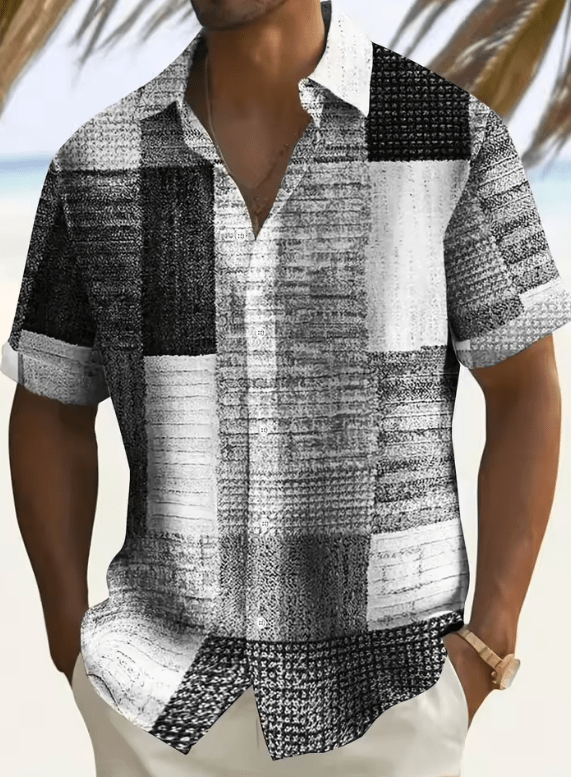 Men’s Casual Patchwork Print Short Sleeve Shirt – Comfortable Cotton Button-Up with Floral Pattern for Spring & Autumn